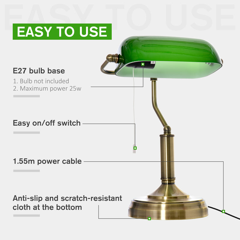 HOMCOM Banker's Table Lamp w/ Bronze Base, Green Glass Shade, Pull Rope Switch