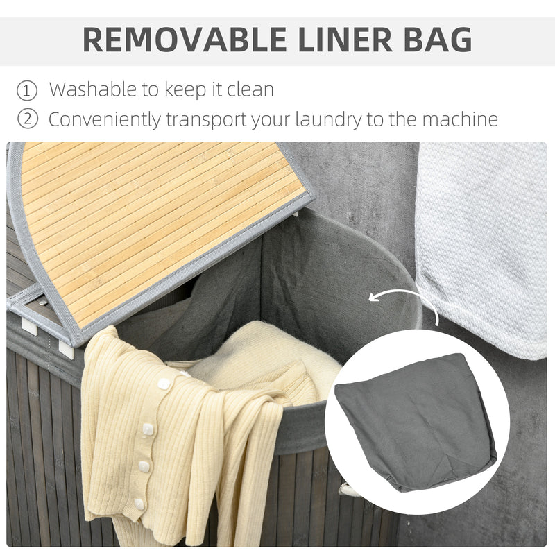 HOMCOM 100L Bamboo Laundry Basket w/ 2 Compartments Washing Baskets Grey