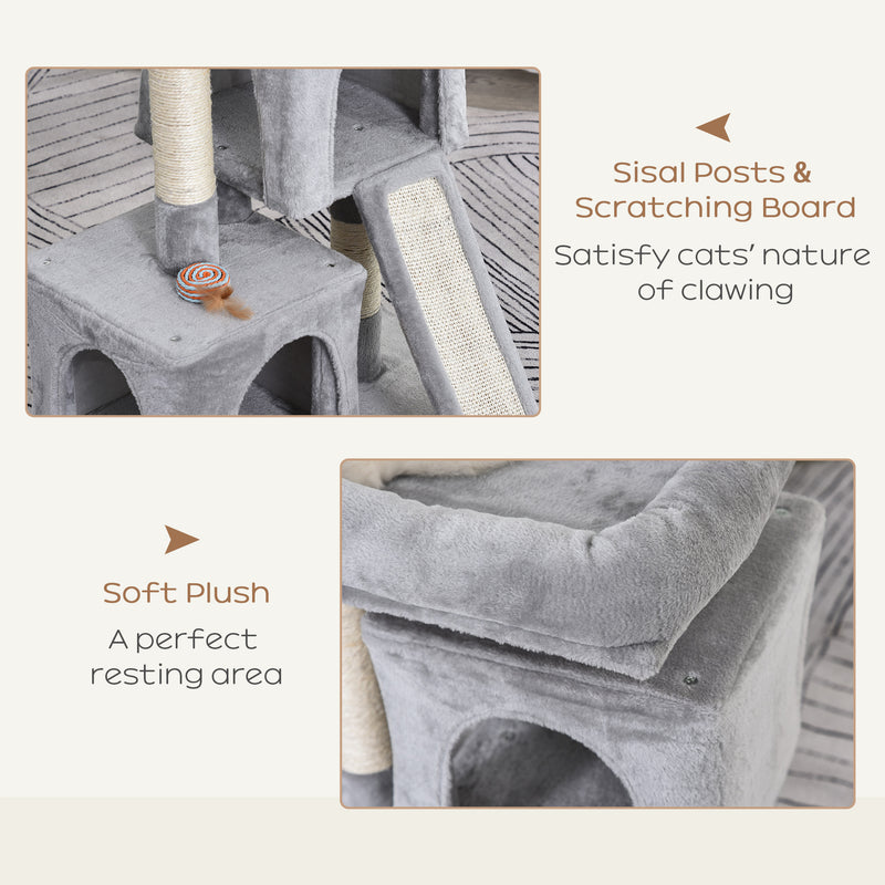 PawHut Cat Rest & Play Activity Tree w/ 2 House Perch Scratching Post Grey