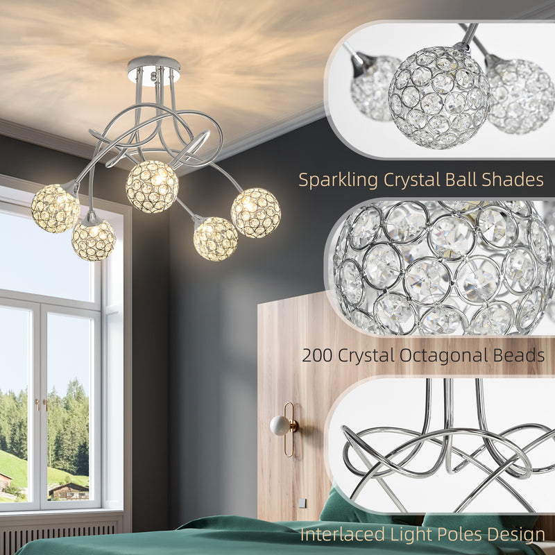 HOMCOM Chandelier Ceiling Light Pendant Light with 5 Globe Lampshades, Silver