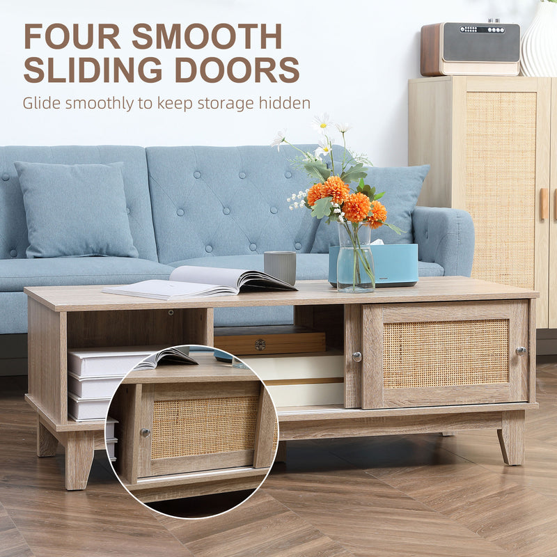 HOMCOM Coffee Table with Storage, Tea Table with Sliding Doors & Natural Rattan