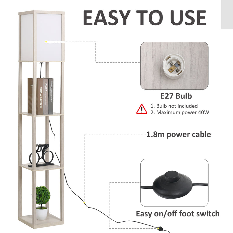 HOMCOM Floor Lamp Reading Lamp with 3-Tier Storage Shelf for Home Office Oak