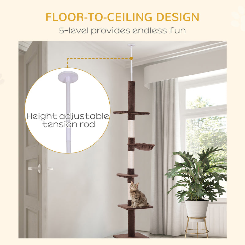 PawHut Floor to Ceiling Cat Tree for Indoor Cats 5-Tier Kitty Tower Brown