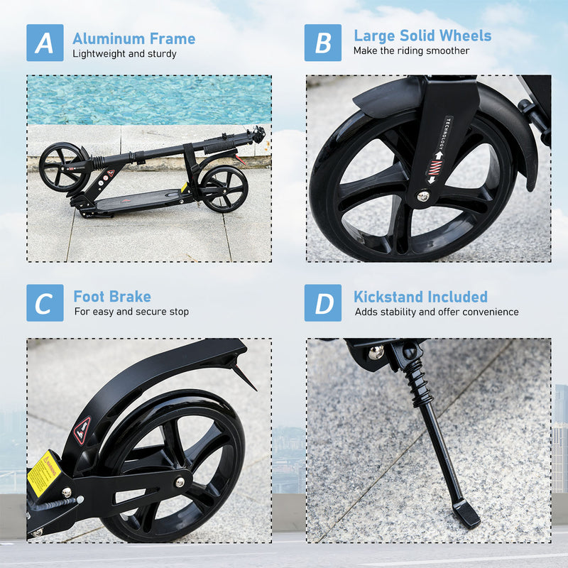 HOMCOM Kick Scooter Foldable Aluminum Ride On Toy For 8+ Adult Teens, Black