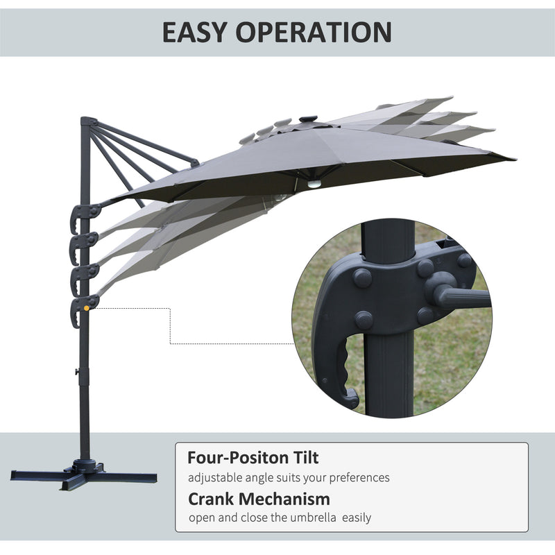 Outsunny 3(m) LED Cantilever Parasol Outdoor with Base Solar Lights Grey