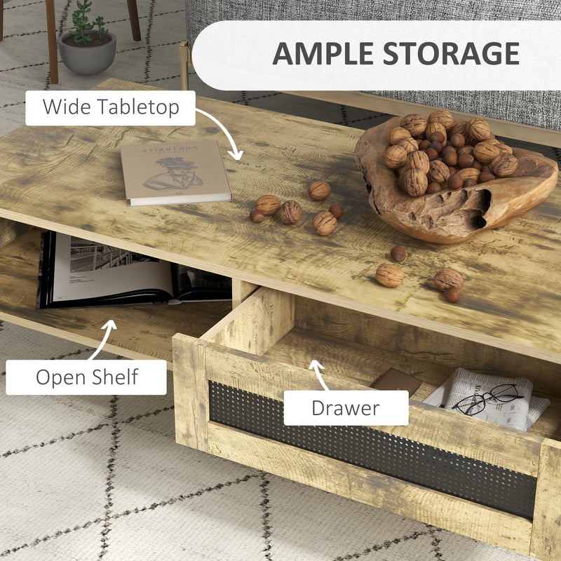 HOMCOM Industrial Coffee Table W/ Drawer and Open Storage Compartment Metal Legs
