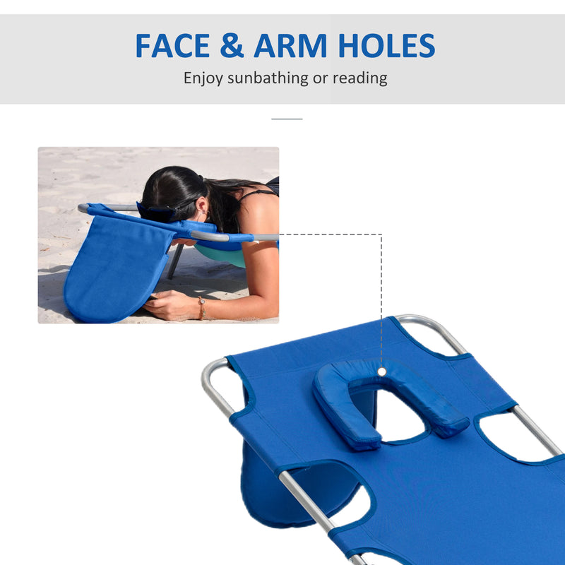Outsunny Beach Chaise Lounge Portable Adjustable Backrest with Face Cavity Blue