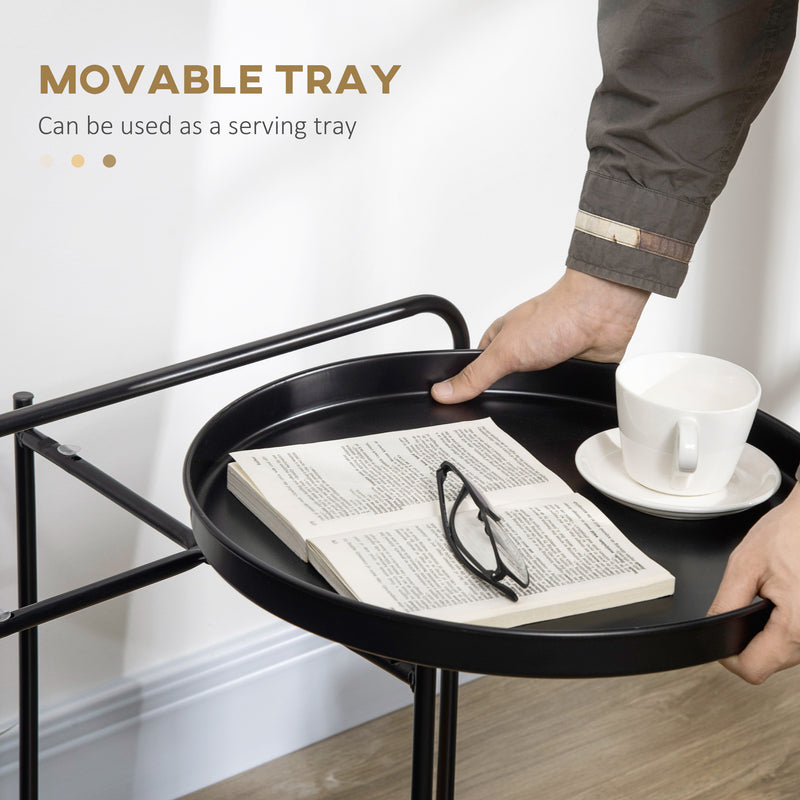 HOMCOM Side Table End Table with Serving Tray and Plastic Rattan Shelf, Black