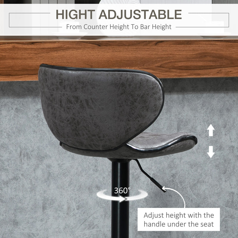 HOMCOM Bar Stool Set of 2 PU Leather Adjustable Height Armless Chairs Dark Grey
