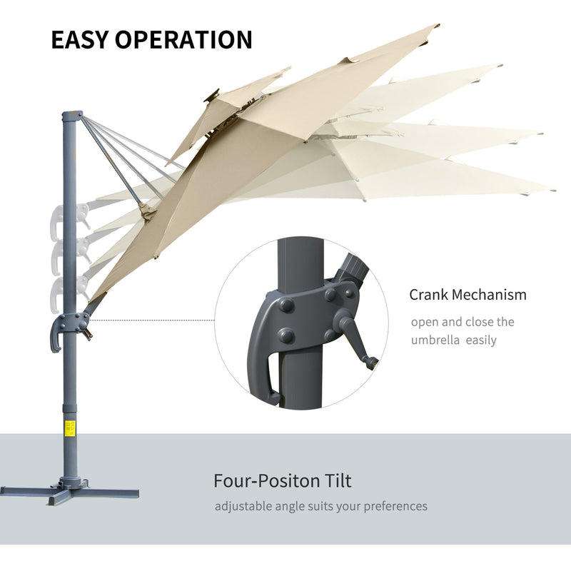 Outsunny 3m Cantilever Parasol Solar Lights Power Bank Base 360° Spin Beige