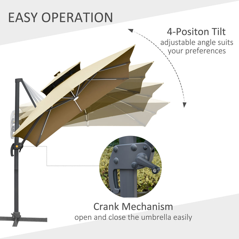Outsunny 3m Cantilever Parasol LED Patio Umbrella for Lawn Beach Poolside Khaki