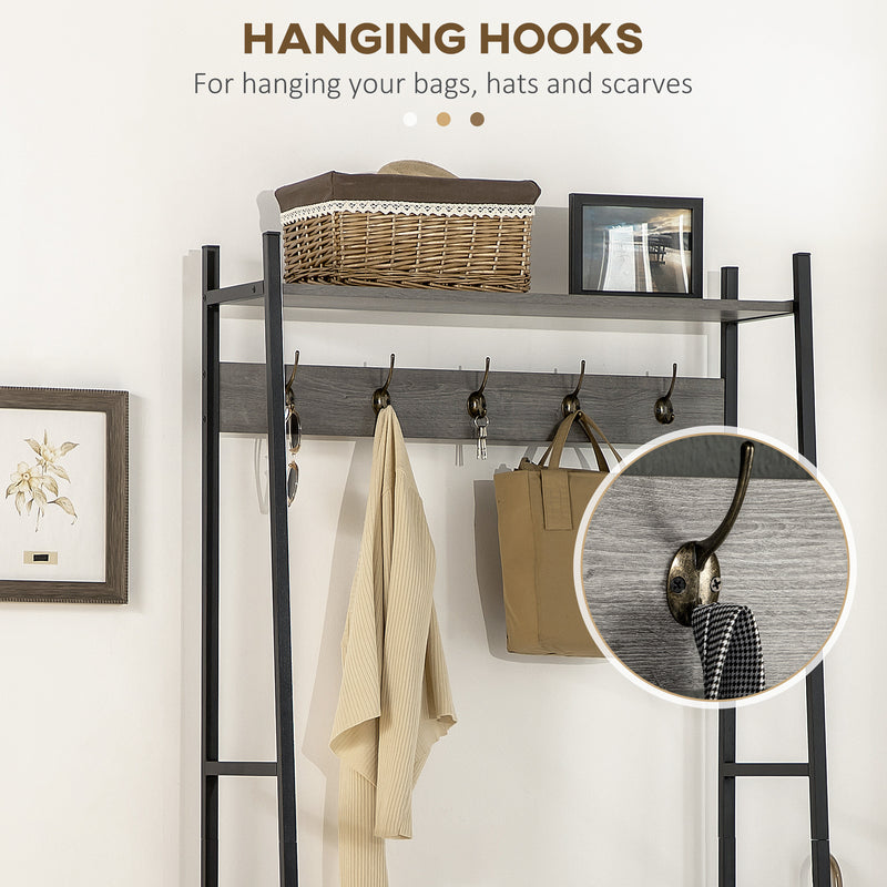 HOMCOM Coat Rack Stand, Shoe Bench with 5 Hooks and Storage Cabinet Grey