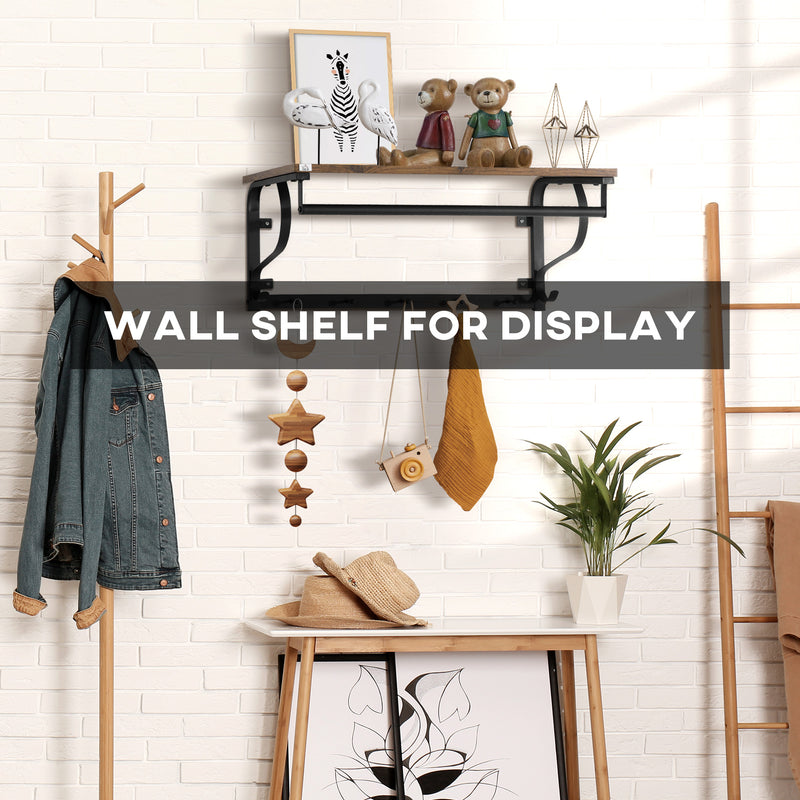 HOMCOM Floating Shelf Wall Mounted Shelf with 5 Hooks and Hanging Rod Brown