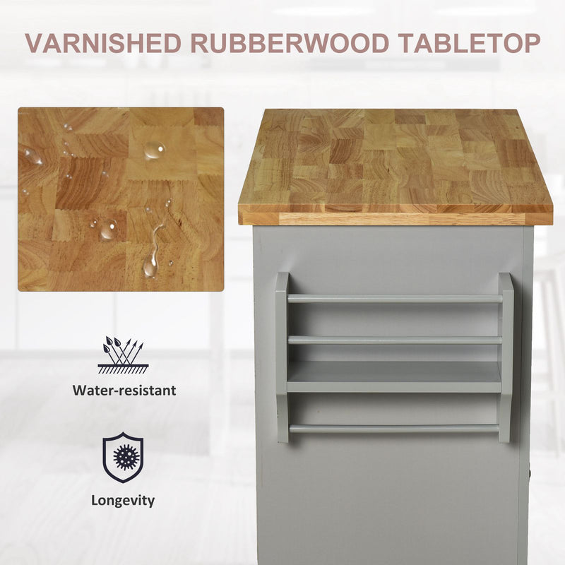 HOMCOM Rolling Kitchen Island Cart with Rubber Wood Top, Spices, and Towel Rack