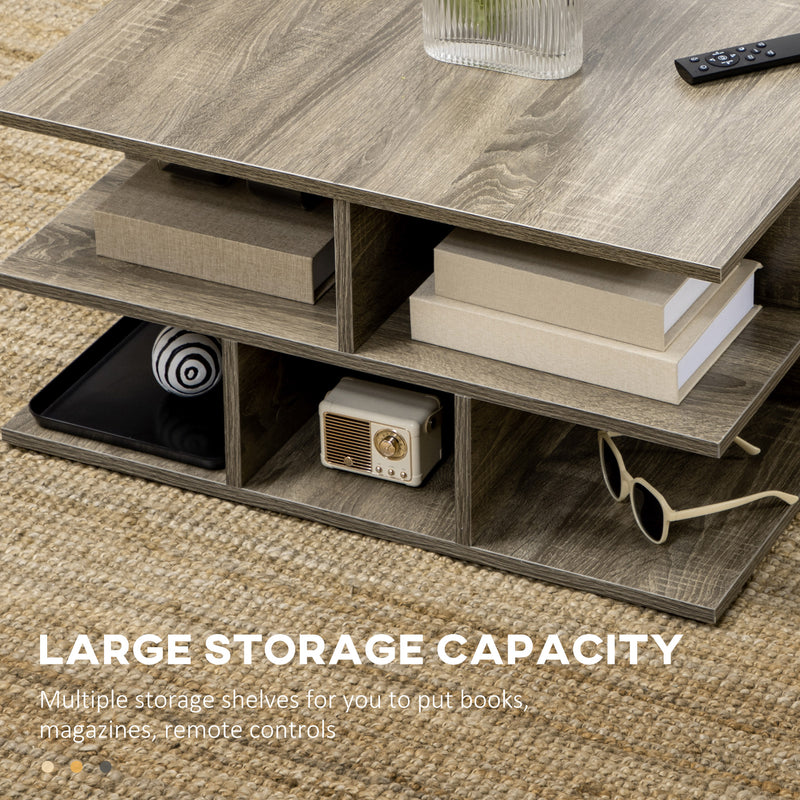 HOMCOM Square Modern 2-Tier Coffee Table with Multiple Storage Shelves Grey