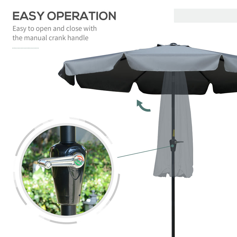 Outsunny 2.7m Patio Umbrella Garden Parasol with Crank, Ruffles, 8 Ribs, Grey