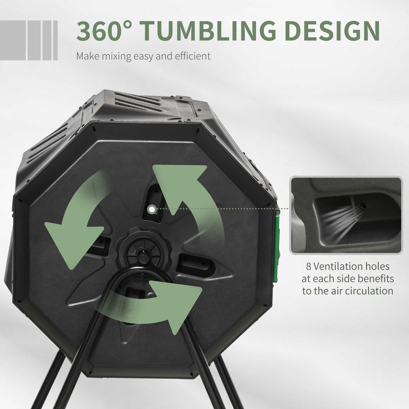 Outsunny 160L Outdoor Tumbling Compost Bin w/ Dual Chamber, Sliding Doors, Black
