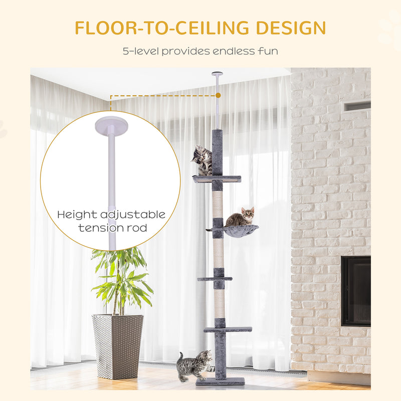 PawHut Floor to Ceiling Cat Tree for Indoor Cats 5-Tier Kitty Tower Grey