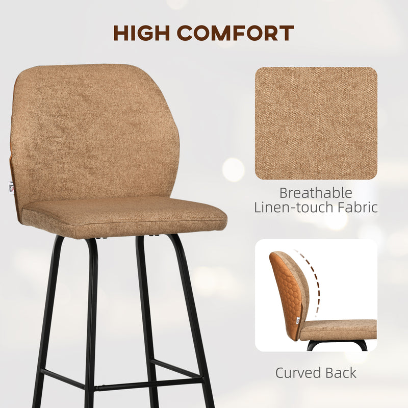 HOMCOM Bar Stools Set of 2, Upholstered Kitchen Stools with Back, Footrest