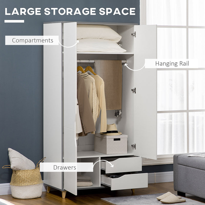 HOMCOM 2 Door Wardrobe with Drawers, Hanging Rail, Shelves for Bedroom, White