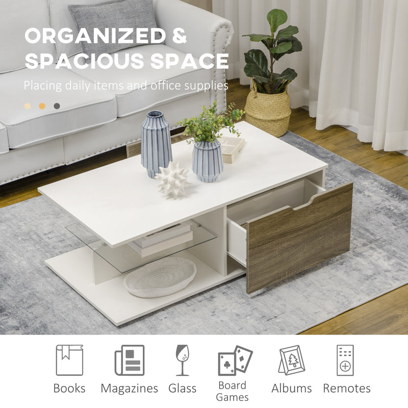 HOMCOM Modern Coffee Table w/ Tempered Glass Shelve, Drawers for Living Room