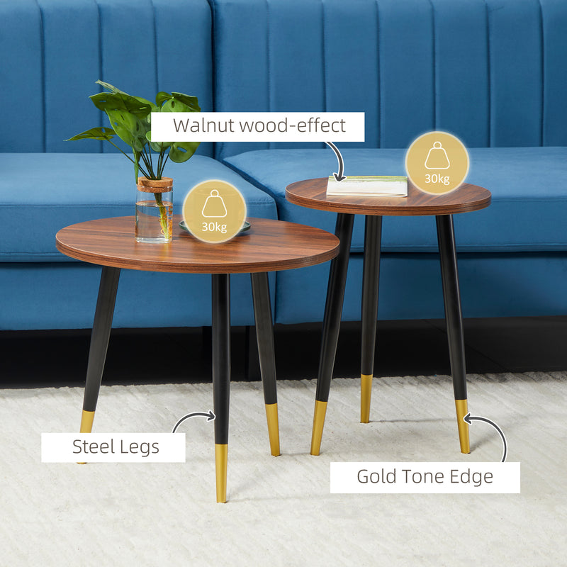 HOMCOM 2 Pieces Round Nesting Coffee Tables with Steel Frame Walnut brown