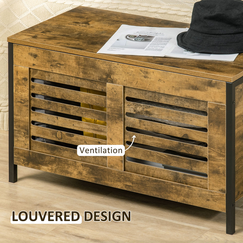 HOMCOM Louvred Storage Shoe Bench Chest with Lift Top for Bedroom, Rustic Brown