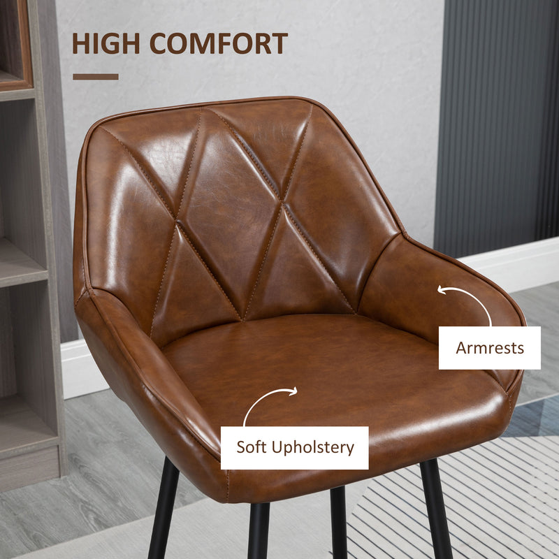HOMCOM Bar Stools Set of 2 Retro Bar Chairs W/ Backs Footrests Steel Legs Brown