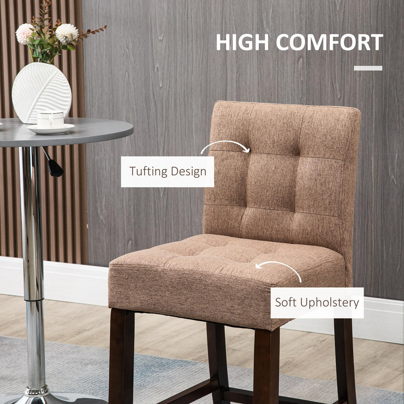 HOMCOM Modern Fabric Bar Stools Set of 2 Bar Chairs with Back Wood Legs Brown