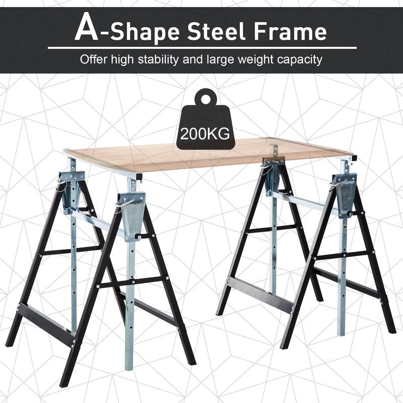 HOMCOM Set Of 2 Steel Saw Horses Telescopic Builders Work Bench Folding Black