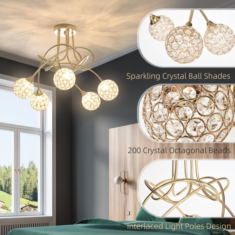 HOMCOM Chandelier Ceiling Light Pendant Light with 5 Globe Lampshades, Gold