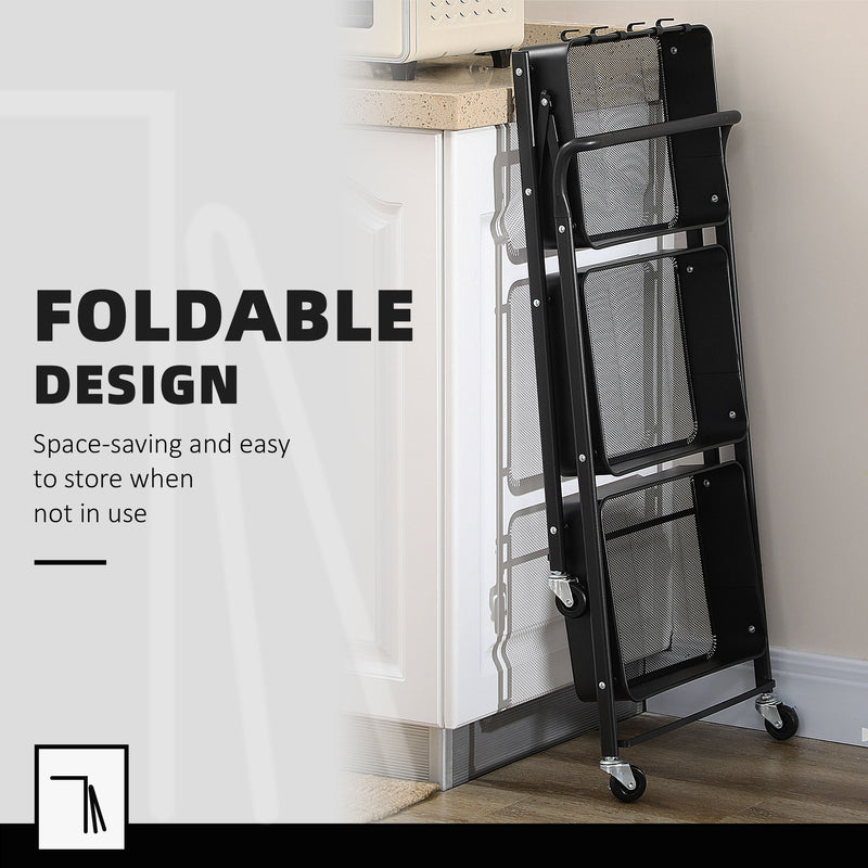 HOMCOM Rolling Utility Cart with 3 Mesh Basket 4 Hooks for Kitchen Black