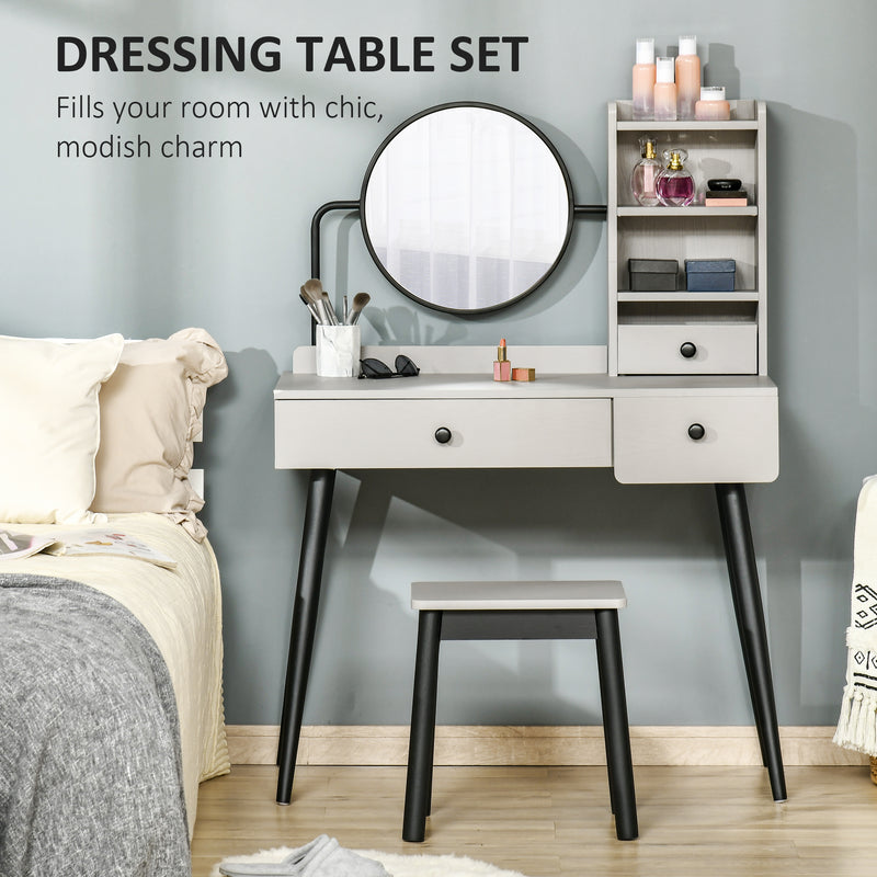 HOMCOM Dressing Table Set with 3 Drawers, Storage shelves and Stool, Grey