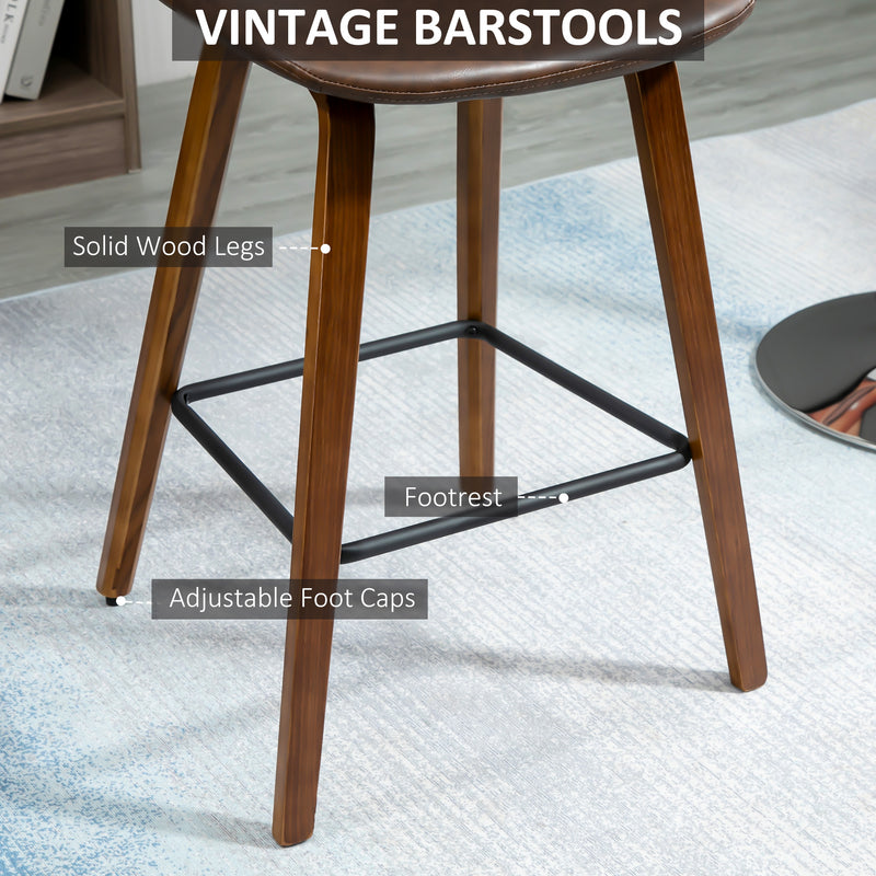 HOMCOM Counter Height Bar stools Set of 2 Mid-Back PU with Wood Legs, Brown