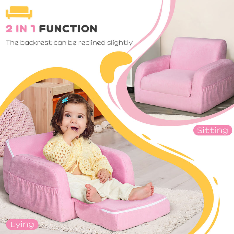 HOMCOM In Kids Armchair Sofa Bed Fold Out Padded Wood Frame Bedroo
