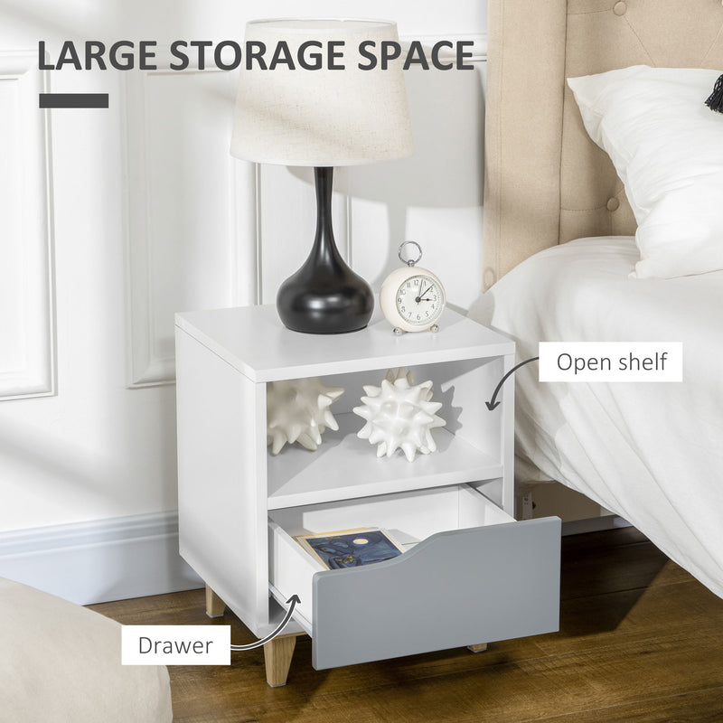 HOMCOM Bedroom Bedside Table, Sofa Side Table with Drawer Shelf and Wood Legs
