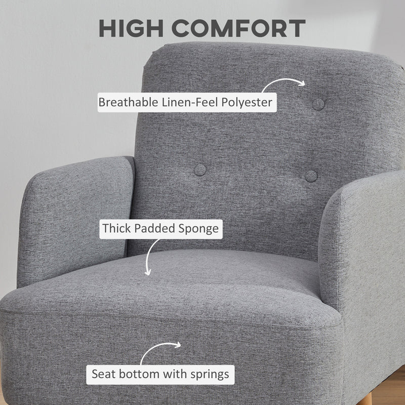 HOMCOM Upholstered Armchair, Nature Wood Frame Padded Living Room Chair, Grey