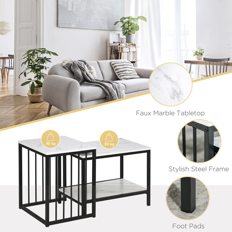 HOMCOM Modern Coffee Table Set of Two w/ Steel Frame Marble-Effect White, Black