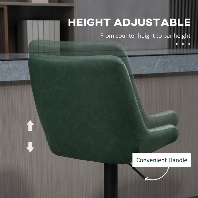 HOMCOM Bar Stools Set of 2, Adjustable Bar Chairs 360° Swivel for Kitchen Green