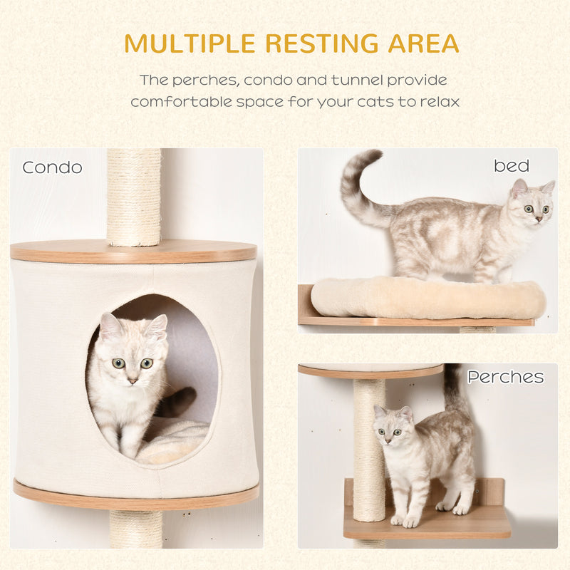 PawHut Wall-Mounted Cat Tree Shelter w/ Condo Bed Scratching Post Light Beige