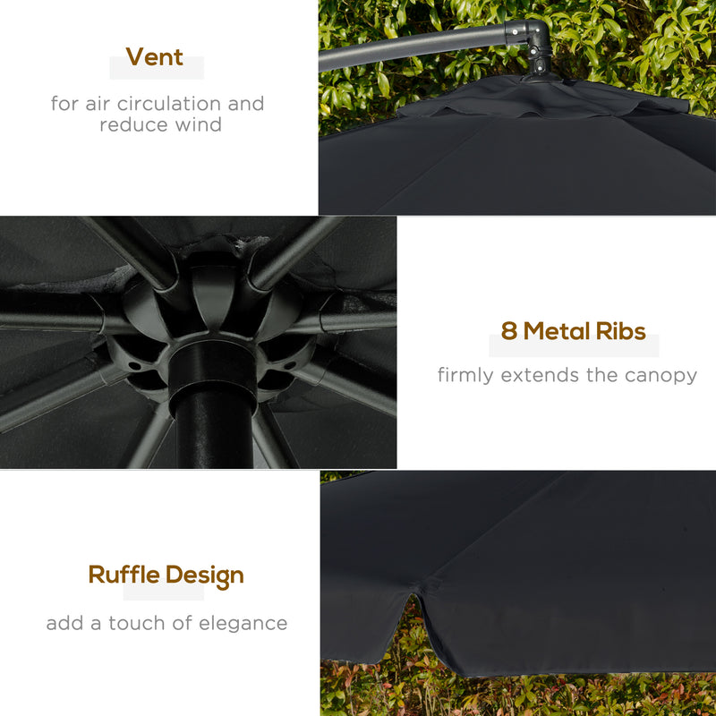 Outsunny 2.7m Garden Cantilever Banana Parasol Sun Shade w/ Crank, Black