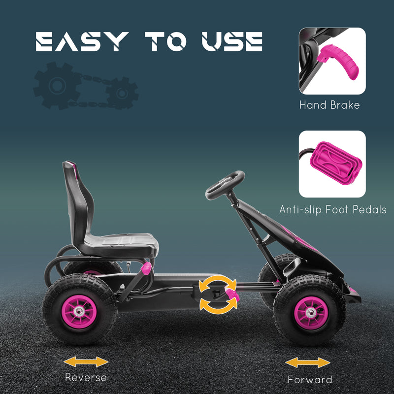 HOMCOM Children Pedal Go Kart w/ Adjustable Seat, Rubber Wheels, Brake - Pink