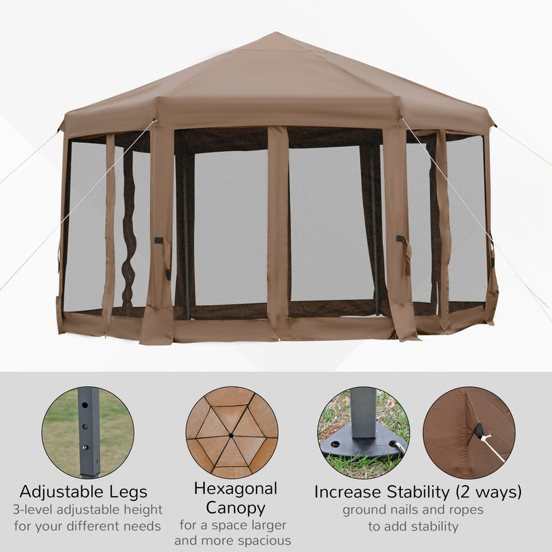 Outsunny 3.2m Pop Up Gazebo Hexagonal Canopy Tent Outdoor w/Sidewalls Brown