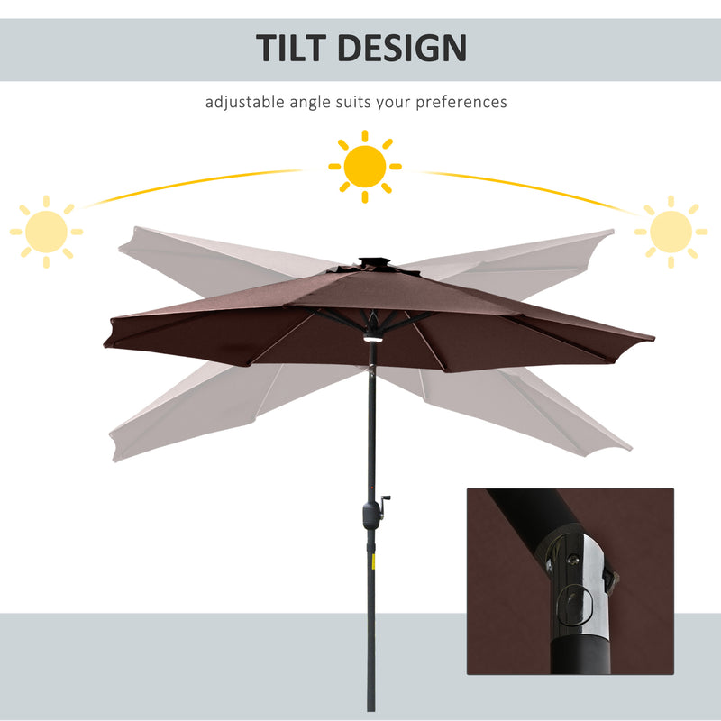 Outsunny 2.7m Garden Parasol Summer Shelter w/ LED Solar Light Crank Tilt Coffee