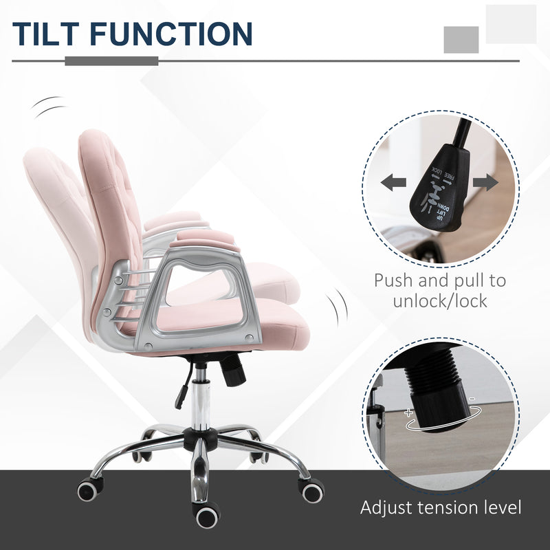 Vinsetto Office Chair Velour Diamond Tufted Padded Ergonomic 360° Swivel Pink