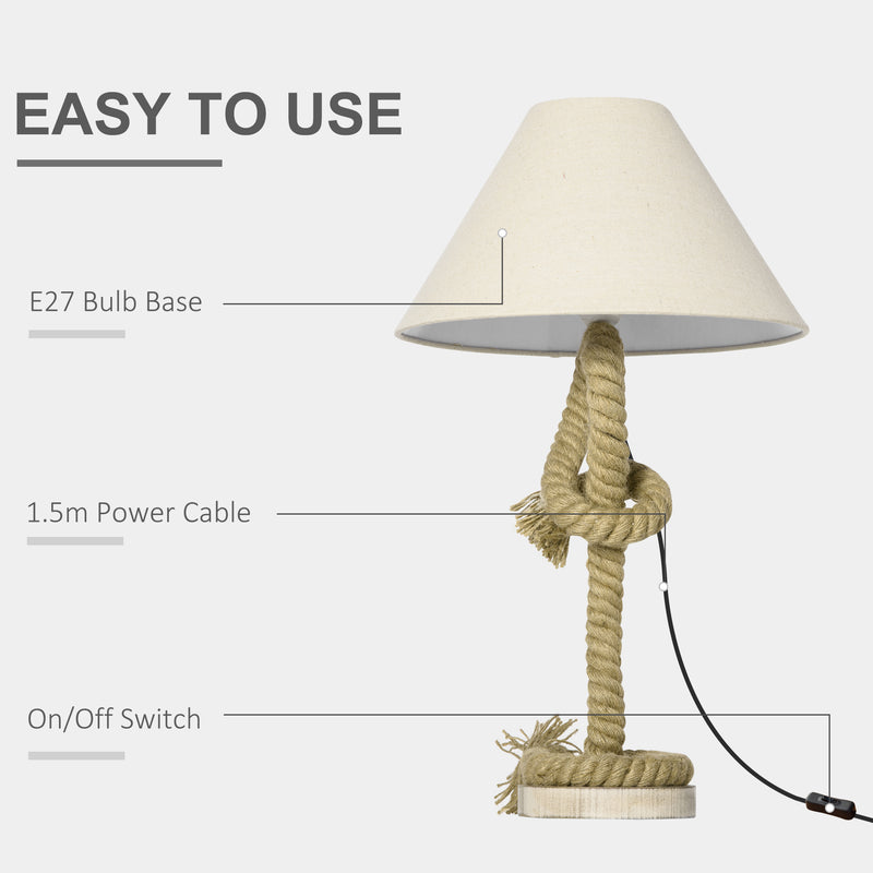 HOMCOM Farmhouse Table Lamp with Fabric Lampshade Twisted Hemp Rope for Study