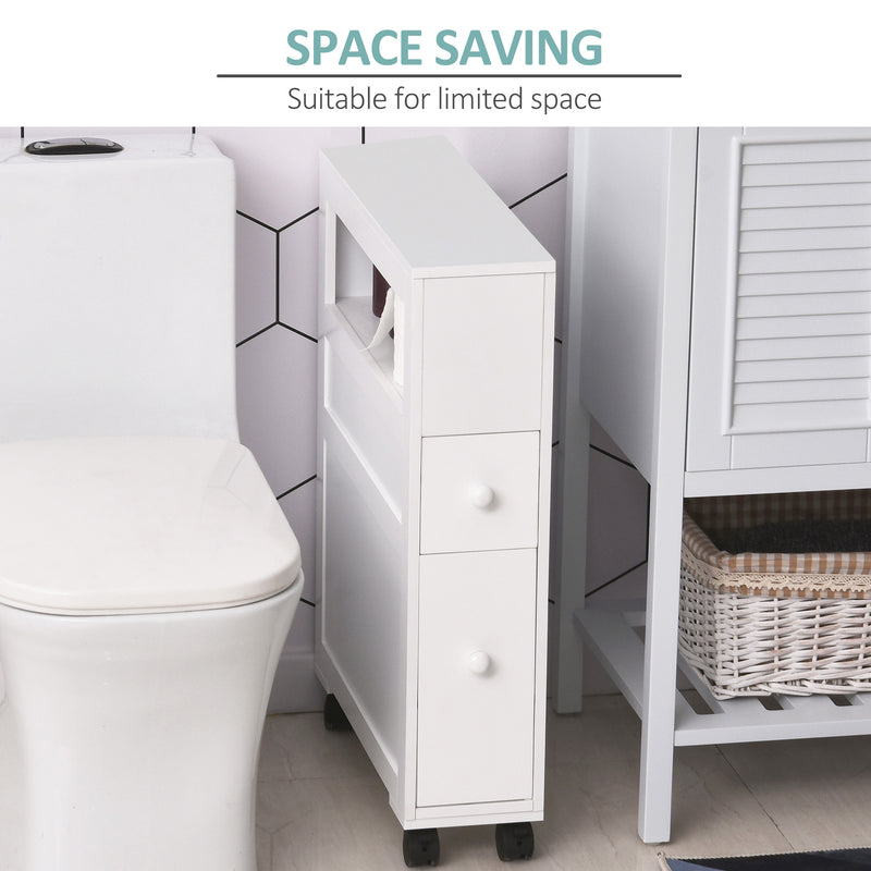 HOMCOM 72x16cm Narrow Bathroom Storage Unit 2 Drawers Open Top 4 Wheels Slimline