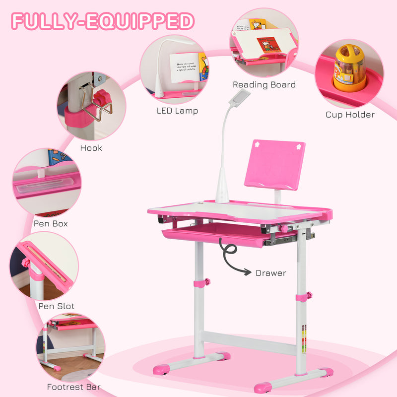 HOMCOM Kids Study Desk and Chair Set w/ USB Lamp, Adjustable Height - Pink