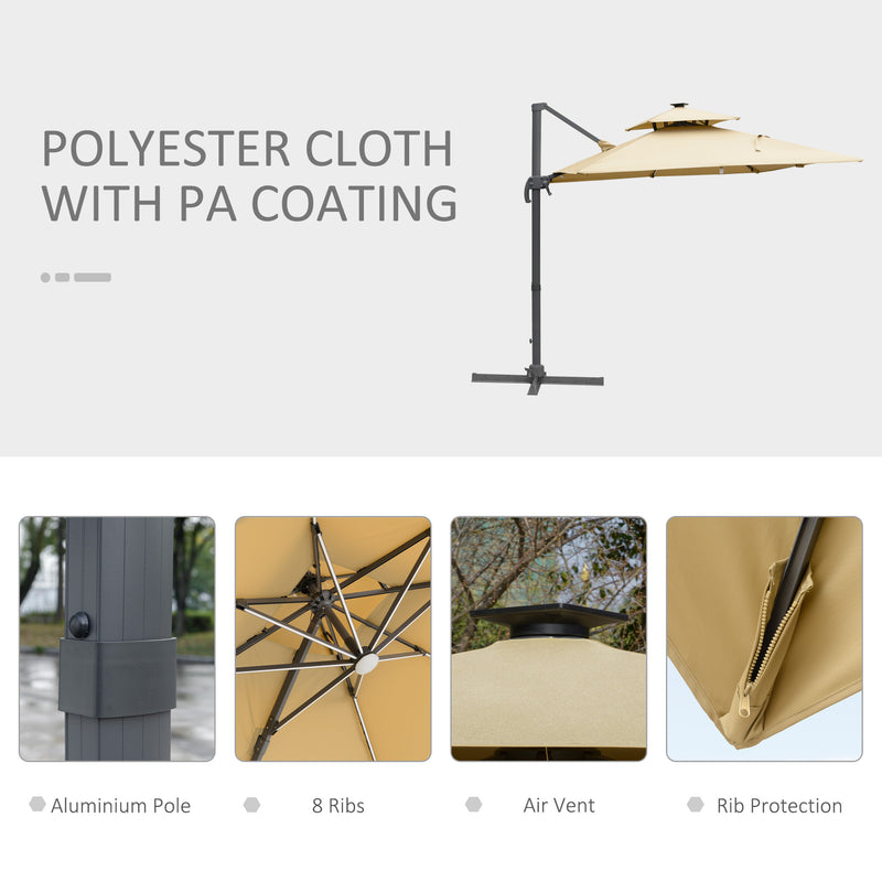 Outsunny 3m Cantilever Parasol LED Patio Umbrella for Lawn Beach Poolside Khaki