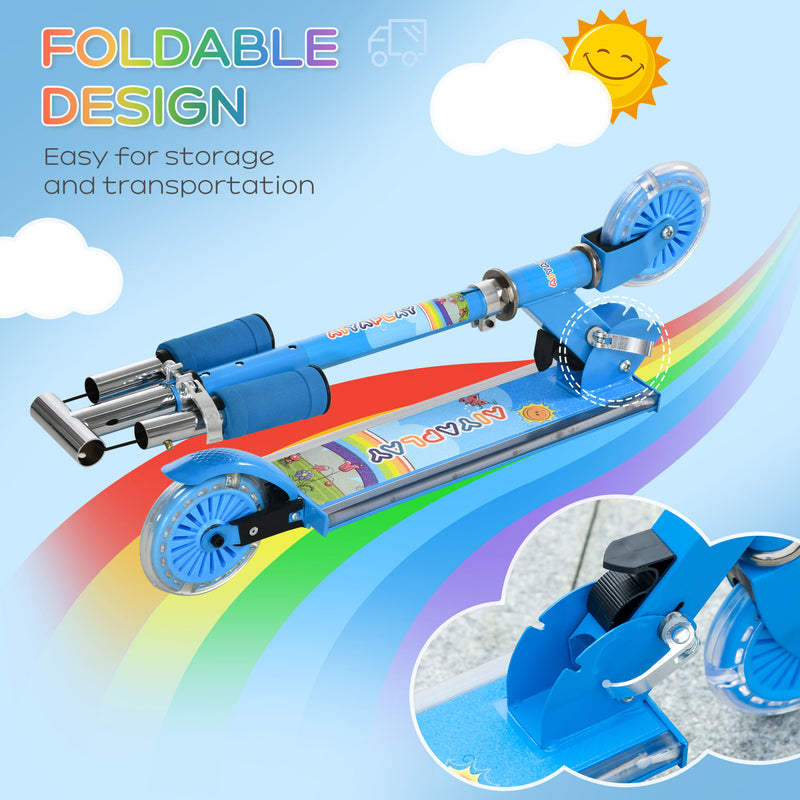 HOMCOM Kids Scooter 2 Wheels W/ Lights Music Adjustable Height Foldable - Blue